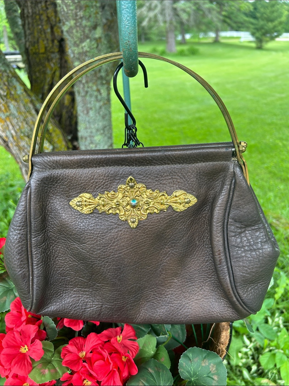Vintage Roger Van S Brown Leather Top-Handle Bag with Gold Accent